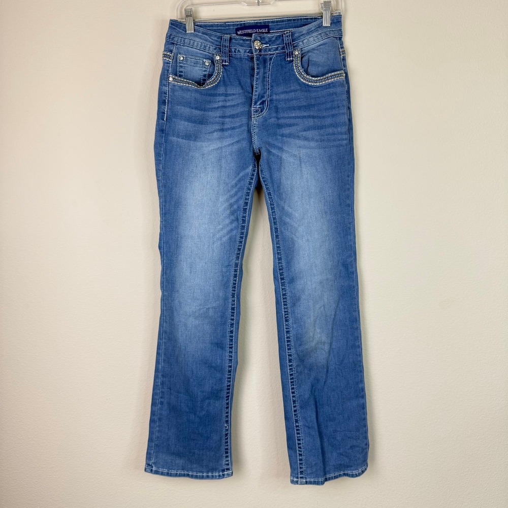 Westfield Eagle Jeans Womens 9 Blue Bootcut Embellished Rhinestone Cross Bling